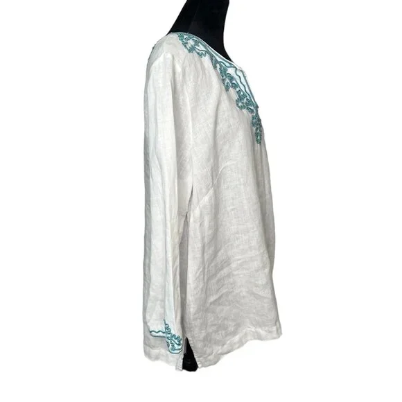 Madison Size XL Linen White Embroidered Trim Tunic Teal Split Neck Long Sleeve - Picture 4 of 8